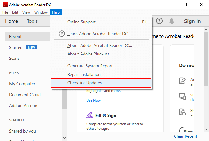 Check for update of Adobe PDF editor to repair corrupted PDF application.