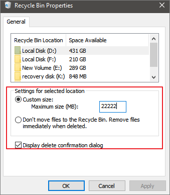 customize recycle bin properties