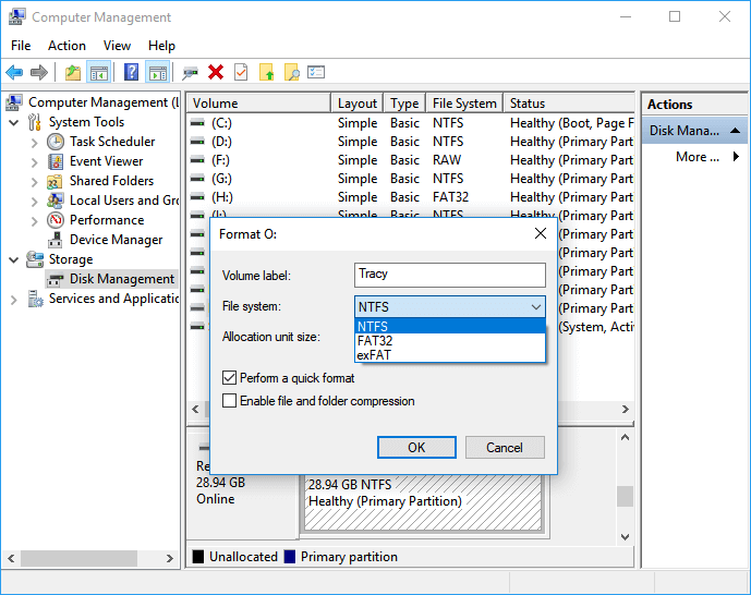 Format SD card with Disk Management