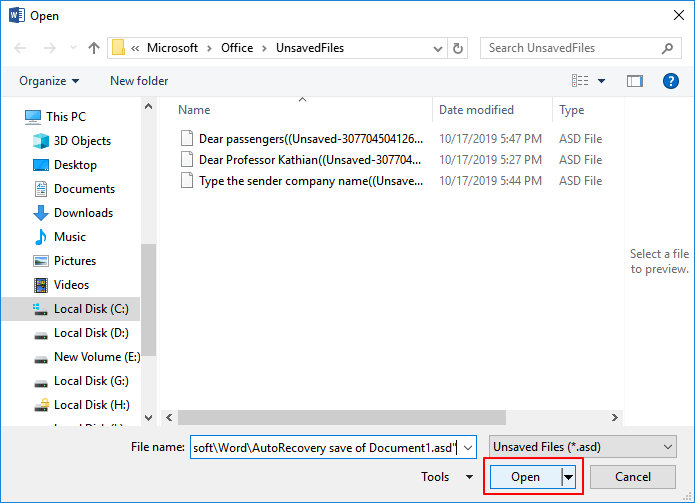 open the unsaved word file