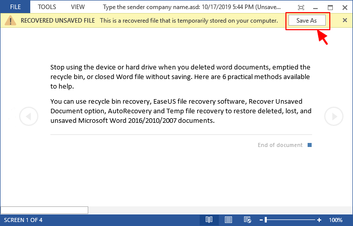 save the unsaved word document