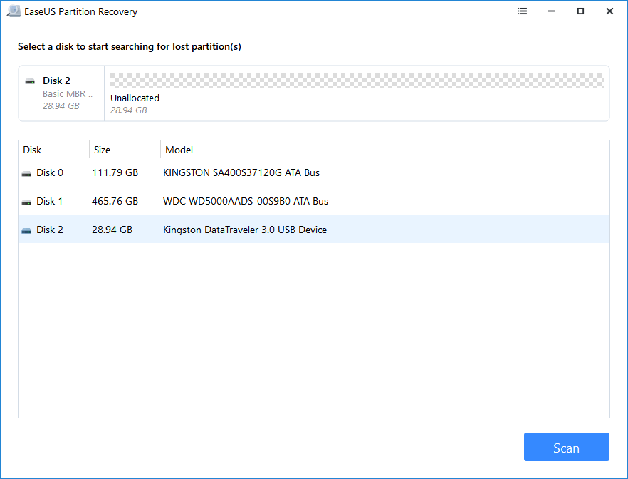 Select disk to scan lost partition.